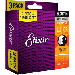 Elixir 16538 80/20 BRONZE NANOWEB CUSTOM LIGHT 3-PACK Струны для акустической гитары